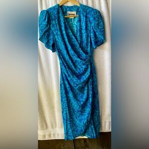 Visionz of California 80’s Vintage Blue Wrap Puffy Sleve Midi Dress